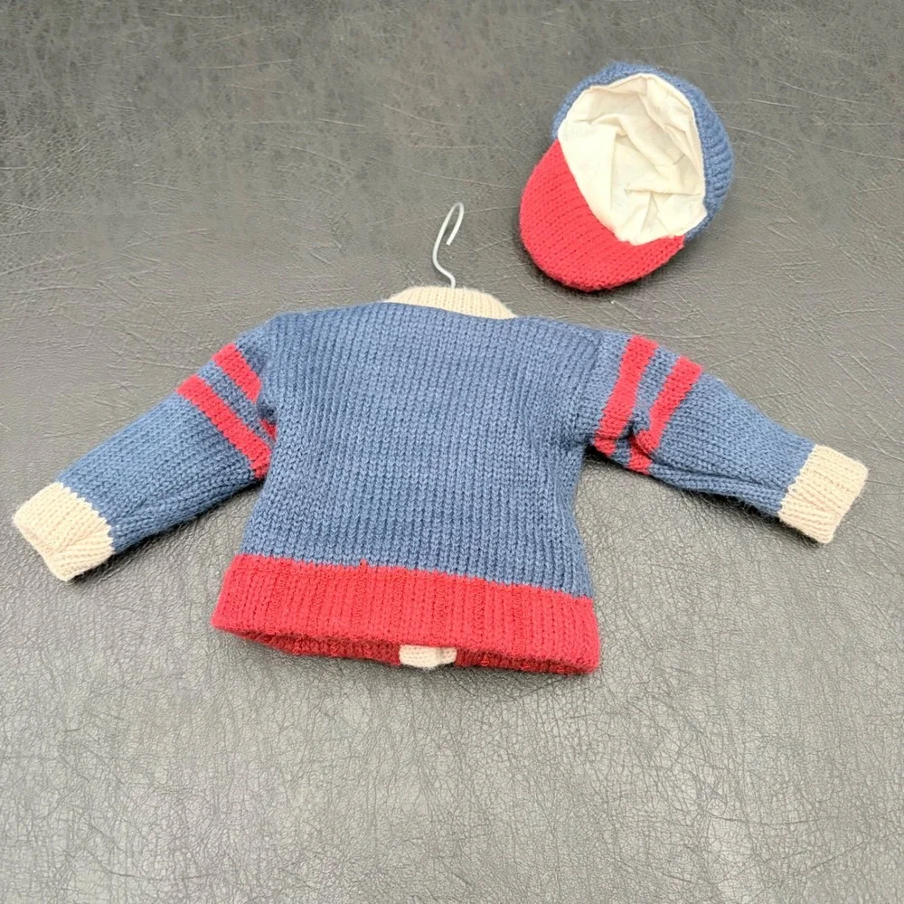 Vintage Style Miniature Knit Teddy Bear Sweater and Hat Set Blue Red Varsity
